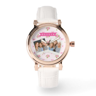 Montre Nœud Floral Féminin Coquette Rose Personnalisé