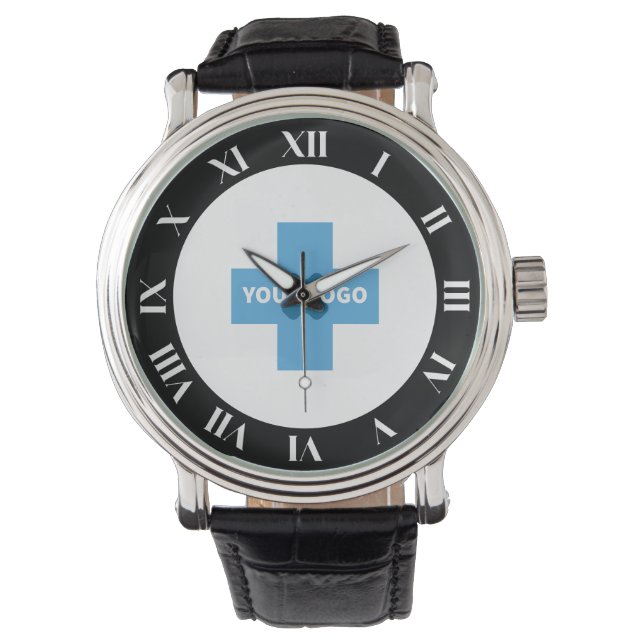 Montre Noir Blanc Gras Numéros Romains Votre Logo (devant)
