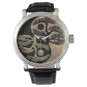 Montre Noir et or d'arbre de Yin Yang