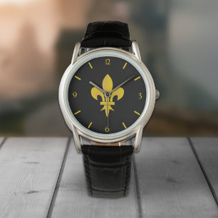 Montre Noire avec Fleur de Lys Or