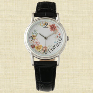 Montre Nom, Aquarelle Floral Hollandais Black Leather Wat