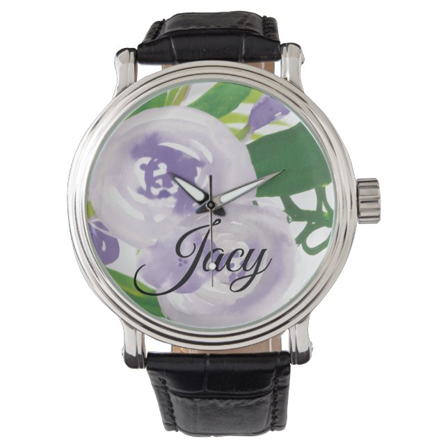Montre Nom de script Bourgeons de rose violette Fête des  (devant)