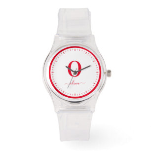 Montre Nom De Script Monogramme Personnalisé Blanc Et Rou