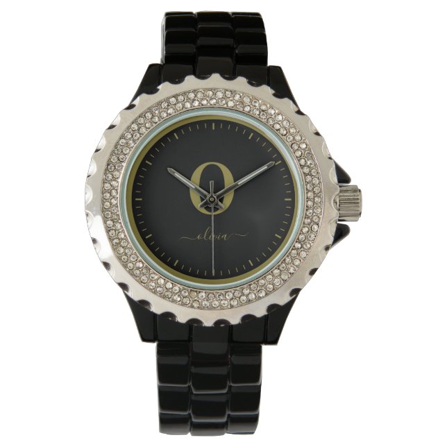 Montre Nom De Script Monogramme Personnalisé Noir Et Or (devant)