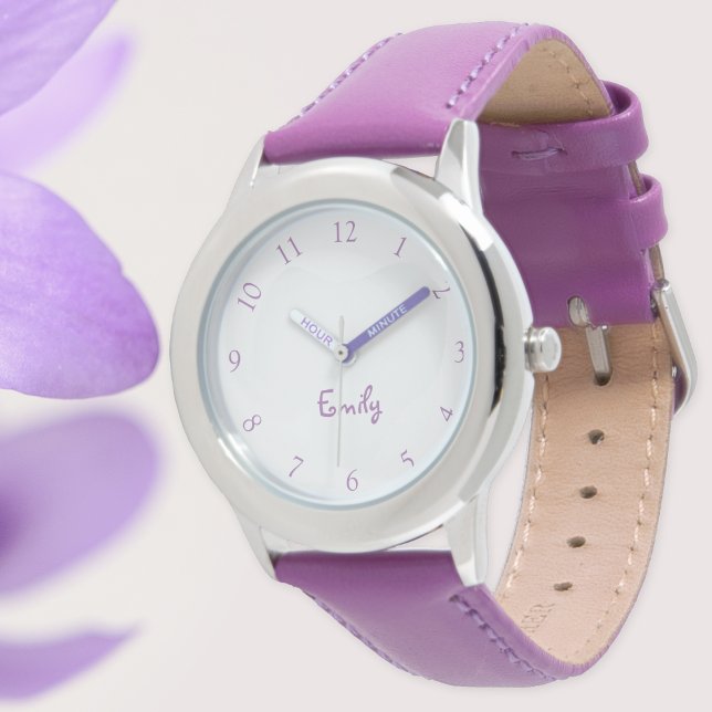 Montre Nom d'enfant personnalisé Acier Cuir pourpre Fille (Custom Kids Name Steel Purple Leather Girls Watch)