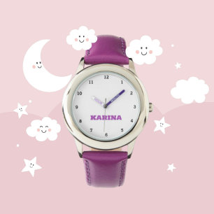 Montre Nom d'enfant personnalisé Acier Cuir pourpre Fille