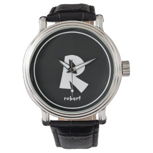 Montre Nom initial de monogame noir et blanc personnalisé