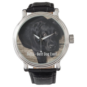Montre Nom noir personnalisé de photo de chien de