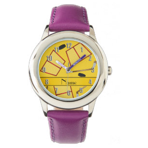Montre Nom personnalisé bâtons de hockey jaune filets