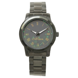 Montre Nom Personnalisé Black Green Bokeh Lights Élégant