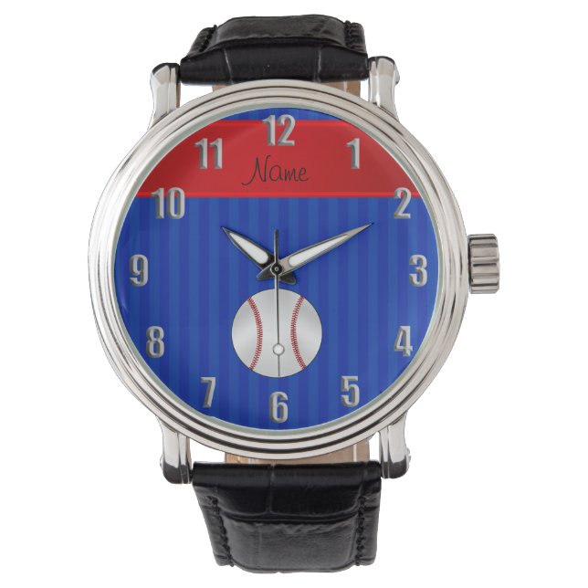 Montre Nom personnalisé bleu rayures baseball (devant)