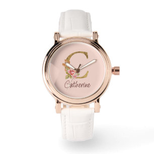 Montre Nom personnalisé Blush Rose Fleur Lettre C Or
