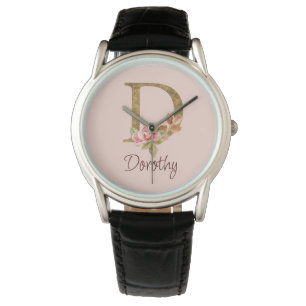 Montre Nom personnalisé Blush Roses Roses Lettre D en feu