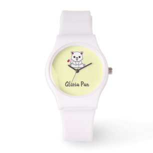Montre Nom personnalisé chat blanc mignon sur jaune