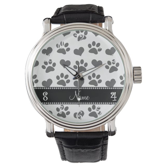 Montre Nom personnalisé Coeurs et empreintes de pattes bl (devant)