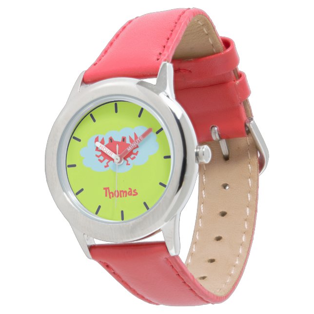 Montre Nom personnalisé crabe rouge sur bleu et vert (Incliné)
