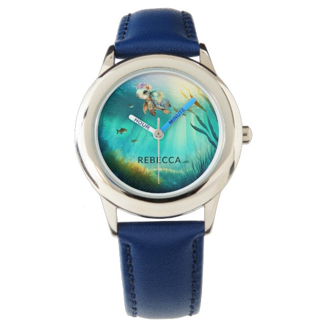 Montre Nom personnalisé Cute Turtle Ocean Arrière - plan  (devant)