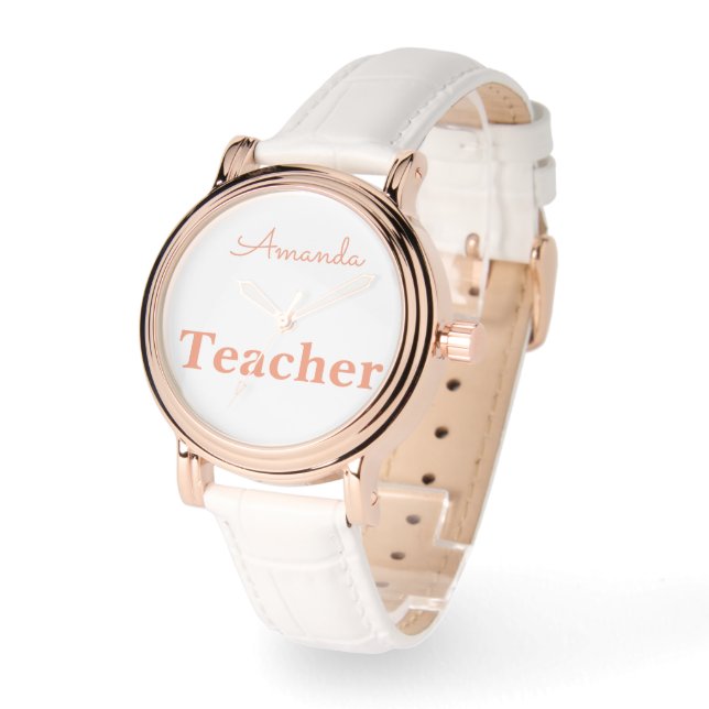 Montre Nom personnalisé de l'enseignant blanc or mignon R (Angle)