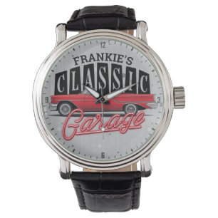 Montre Nom personnalisé Faux Neon Classic Car Garage papa