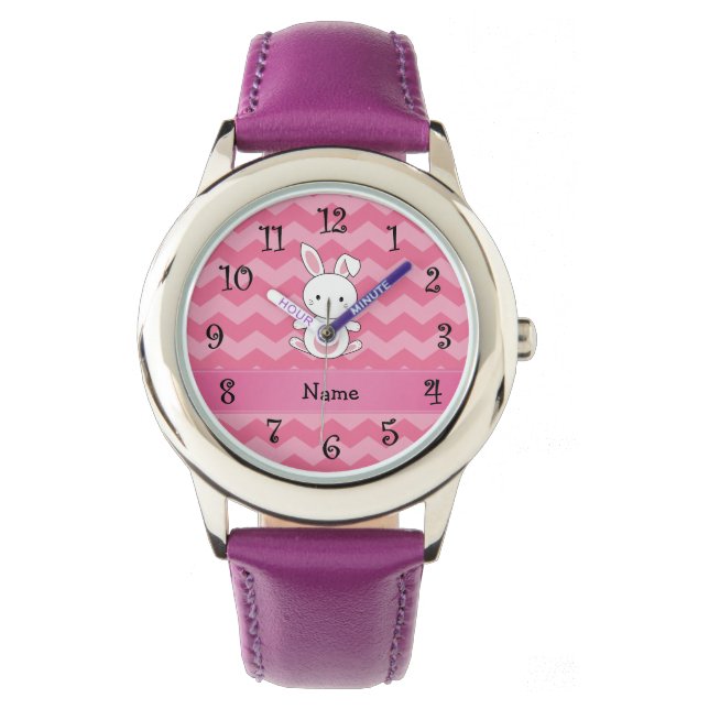 Montre Nom personnalisé lapin chevrons roses (devant)