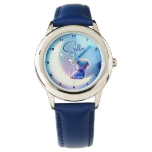 Montre Nom personnalisé mignon chien sur la lune étoiles 