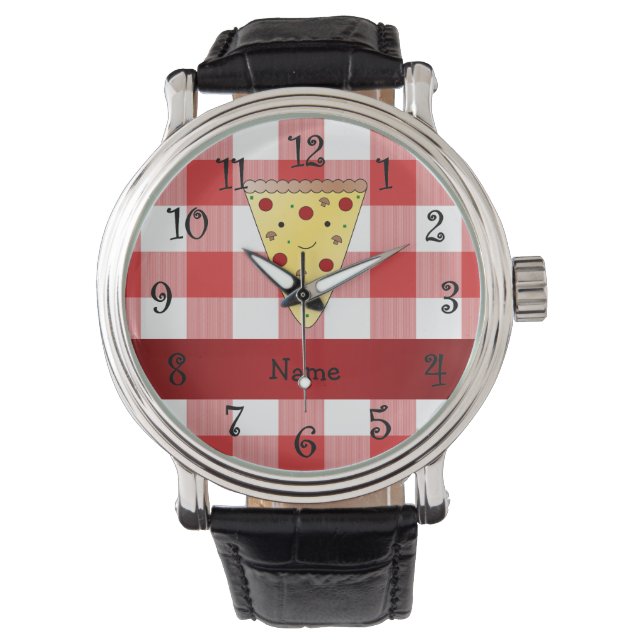 Montre Nom personnalisé mignon pizza rouge à damiers (devant)