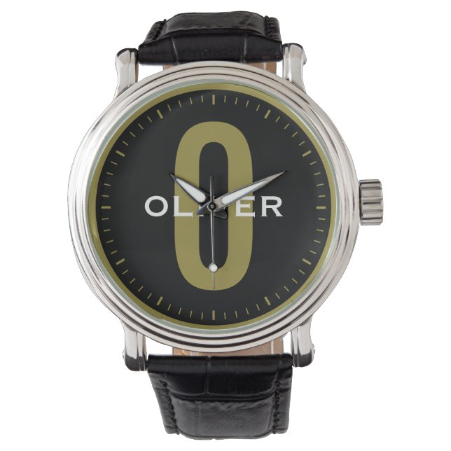 Montre Nom personnalisé Monogramme personnalisé Noir Or B (devant)