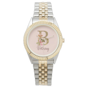 Montre Nom personnalisé Or Feuille Rose Blush Lettre B