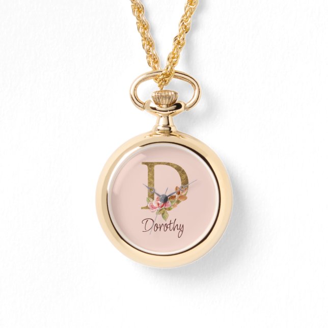 Montre Nom personnalisé Or Feuille Rose Pâle Roses Lettre (Recto)