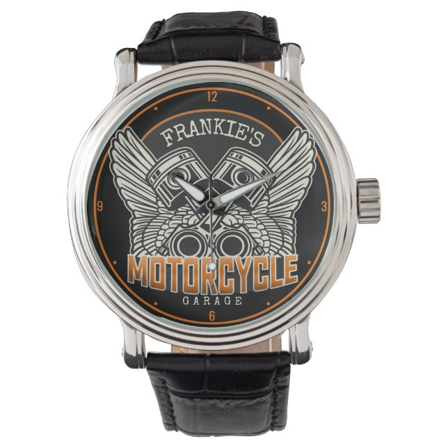 Montre Nom personnalisé Pistons Wings Motorcycle Garage (devant)