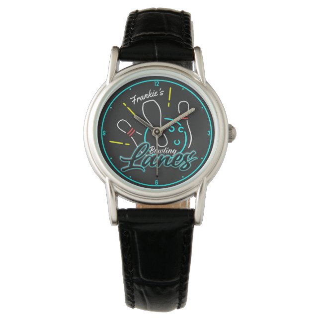Montre Nom personnalisé Retro Faux Neon Bowler Bowler Lan (devant)