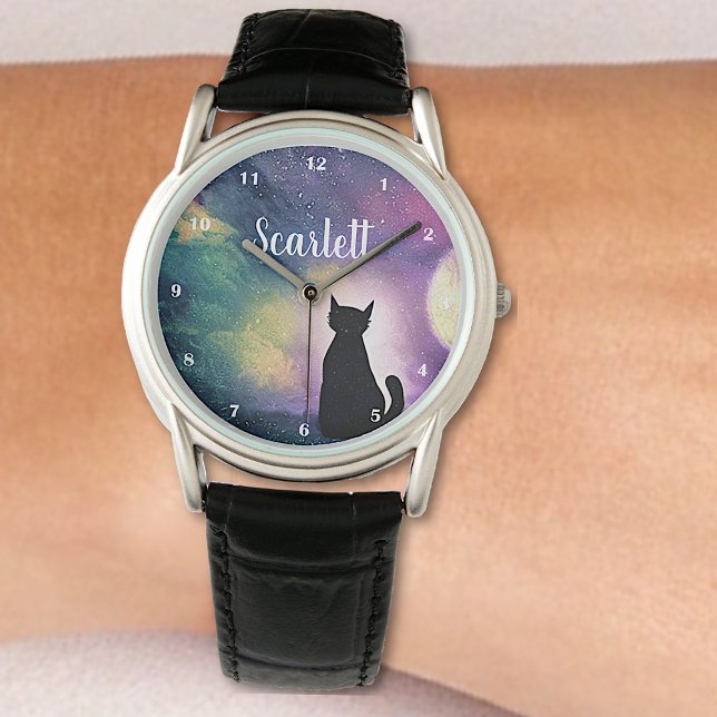 Montre Nom sur mesure Artistique Cute Chat Lune et Galaxi (Créateur téléchargé)