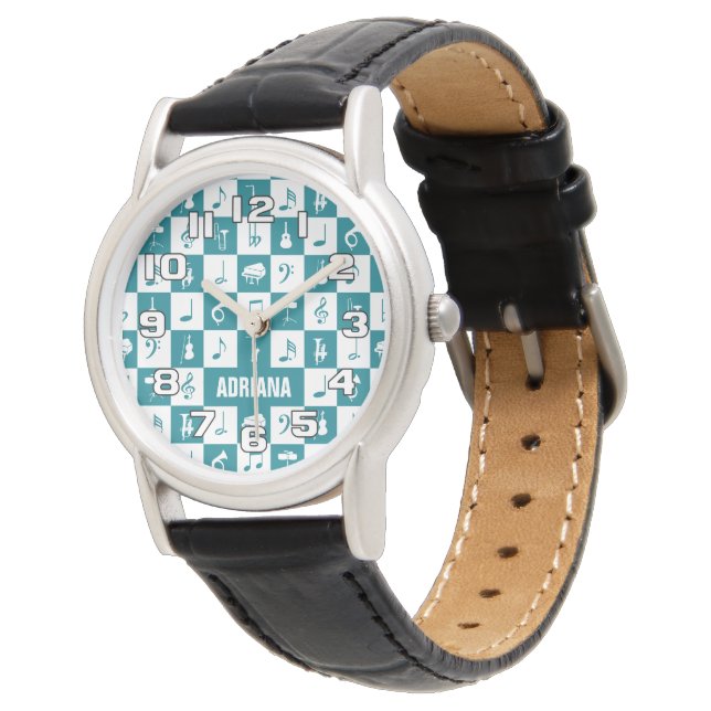 Montre Notes et instruments de musique turquoise et blanc (Incliné)