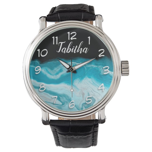 Montre Ocean Waves Black Arrière - plan Personnalisé (devant)