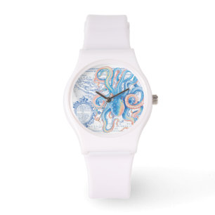 Montre Octopus Blue Vintage Map Chic Aquarelle