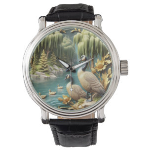 Montre Oies du Canada au milieu des saules qui pleuvent