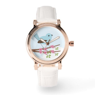 Montre Oiseau bleu dans l'arbre en fleurs mou