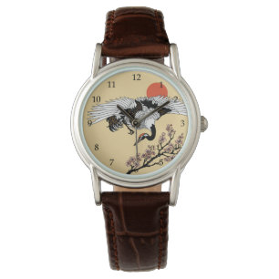 Montre Oiseau de grue japonais et sakura en fleurs