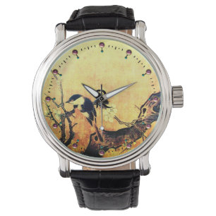 Montre OISEAU DE PRINTEMPS, FLEURS ARBRE Jaune or Brown M
