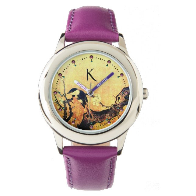 Montre OISEAU DE PRINTEMPS, FLEURS ARBRE Jaune or Brown M (devant)
