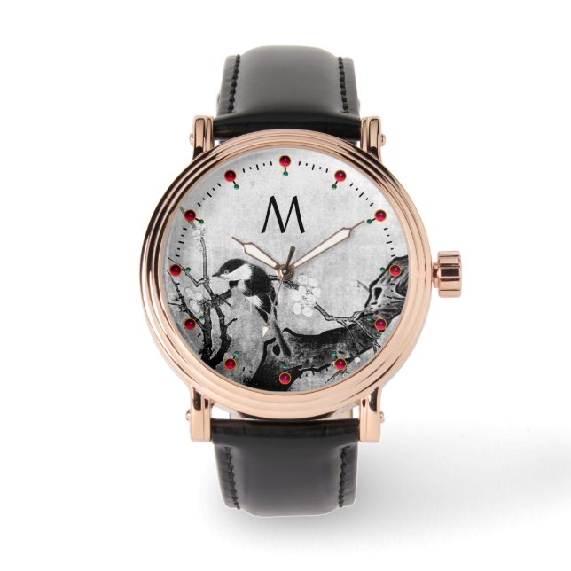 Montre OISEAU DE PRINTEMPS, FLEURS ARBRE Noir Blanc Monog (Recto)