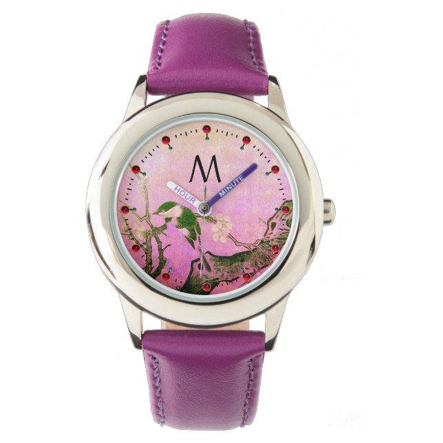 Montre OISEAU DE PRINTEMPS, FLEURS ARBRE noir Monogramme  (devant)