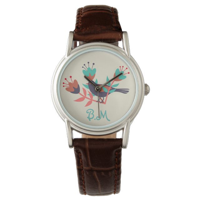 Montre Oiseau folklorique et monogramme floral (devant)