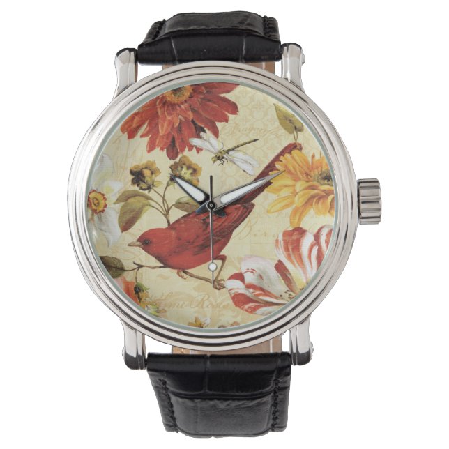 Montre Oiseau rouge dans un jardin fleuri (devant)