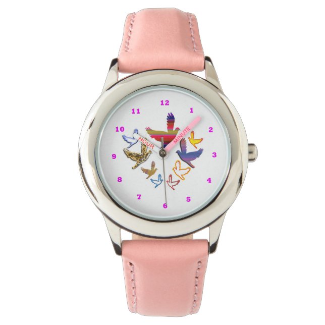 Montre OISEAUX Bezel Acier inoxydable Coeurs roses Regard (devant)