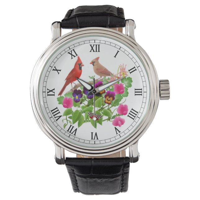 Montre Oiseaux cardinaux sur les fleurs des jardins (devant)
