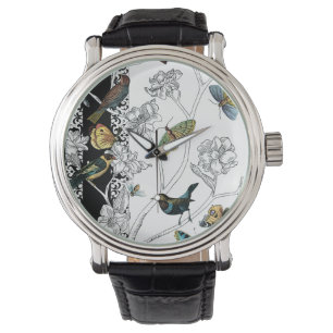 Montre Oiseaux et papillon sur un arrière - plan noir et