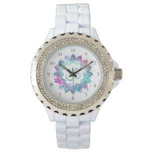 Montre *~* Om blanc féminin Fleur du Nouvel Âge Lotus M