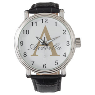 Montre Or Élégant Noir Monogramme Personnalisé Nom 