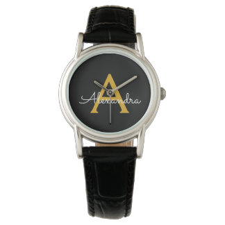 Montre Or Noir Moderne Écriture Féminine Monogramme Nom